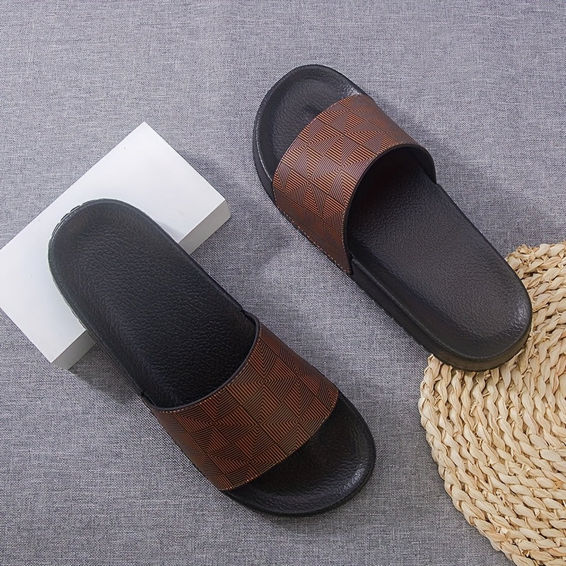 Men's Summer Slide Sandals - Non-Slip Soft Sole Casual Slippers with Geometric Pattern, Black & Gray, Comfortable for Indoor & Outdoor Use