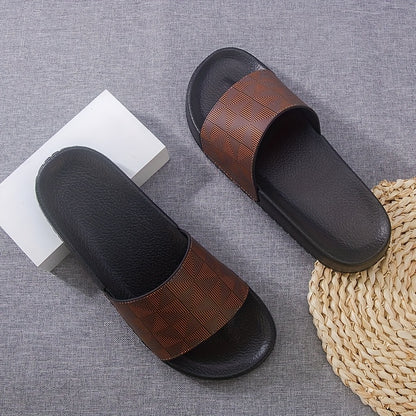 Men's Summer Slide Sandals - Non-Slip Soft Sole Casual Slippers with Geometric Pattern, Black & Gray, Comfortable for Indoor & Outdoor Use