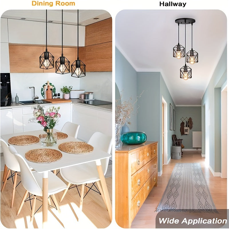 1pc 1/3 Heads Industrial Pendant, Adjustable Hanging Light Fixture, Vintage Farmhouse Pendant Light, With Metal Caged E26 Base, For Kitchen Island Dining Room Living Room