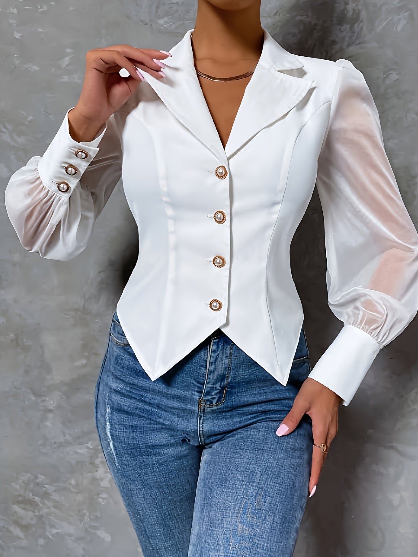 Elegant Women's Long Sleeve Blouse with Lapel Collar - Solid Color, Button Detail, Machine Washable