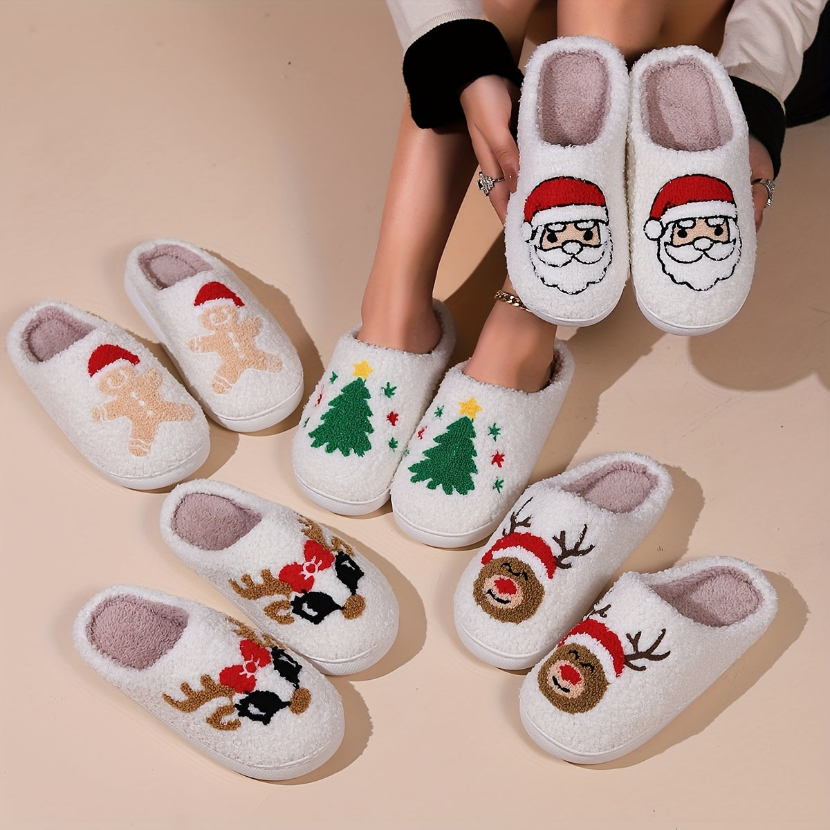 Pantufas felpudas com estampado de árvore de Natal, chinelos de inverno fechados e quentinhos para usar em casa, pantufas aconchegantes de sola macia e felpuda.