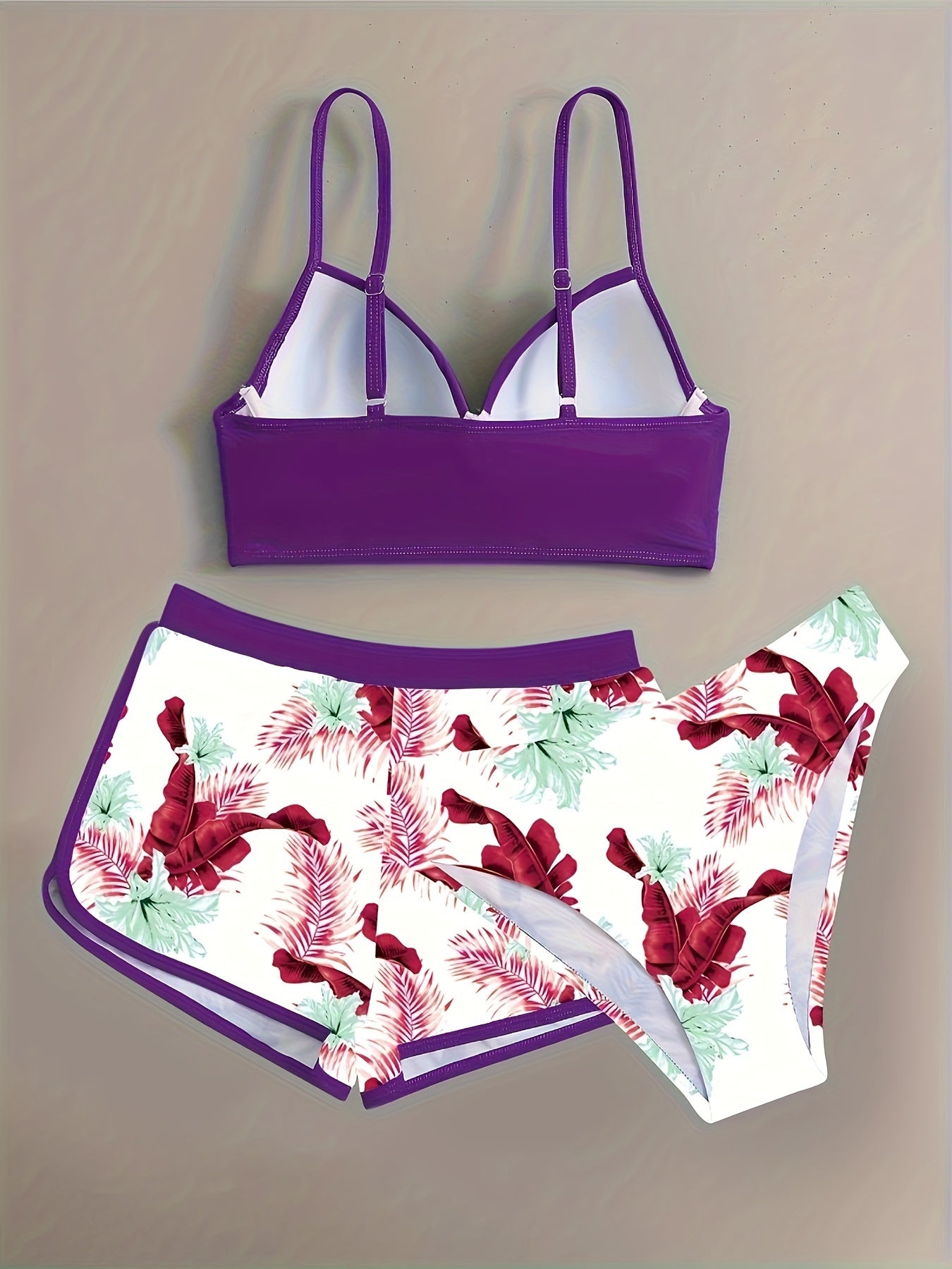 Floral Leaf Print Stretchy 3 Piece Set Swimsuits, Cross Spaghetti Strap Push Up Bikini & Boxer Shorts, Women's Swimwear & Clothing