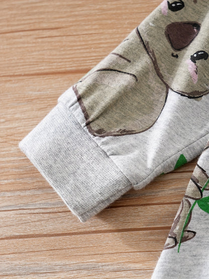 Macacão de manga comprida com gola redonda para bebé com estampado fofo de coala de desenho animado