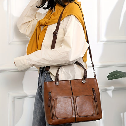 Vintage-Style Large Capacity Tote Bag for Women - Brown Shoulder & Crossbody Purse with Multiple Compartments, Adjustable Strap, and Zipper Closure, Secure Travel Bag | Elegant Accessory | Functional Zipper Pockets