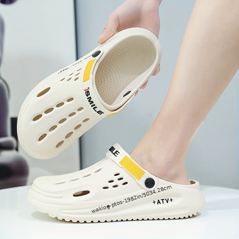 Men's Trendy Thick-Sole EVA Clogs with Alphabet Design - Slip-On, Breathable Garden Shoes with Secure Yellow Strap & "SMN WALKING PROS" Insole Print for Outdoor Comfort, Chunky Shoes