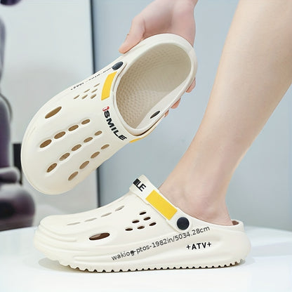 Men's Trendy Thick-Sole EVA Clogs with Alphabet Design - Slip-On, Breathable Garden Shoes with Secure Yellow Strap & "SMN WALKING PROS" Insole Print for Outdoor Comfort, Chunky Shoes