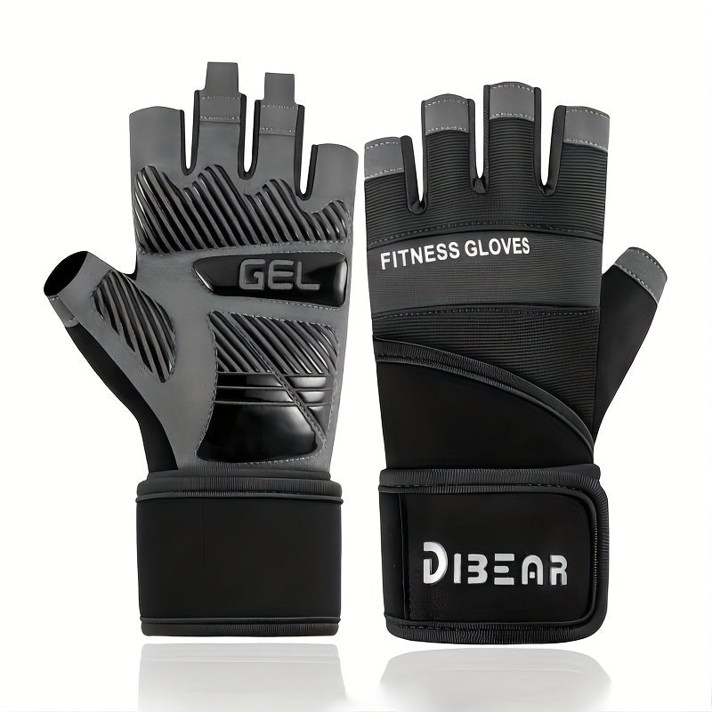 Half Finger Gym Gloves - Extra-Long Wrist Support & Non-Slip Palms for Weight Lifting, Gym Training, Cycling - Durable Black/Brown Design with Adjustable Buckle Closure - Unisex Fitness Gloves, Gym Accessories, Weightlifting