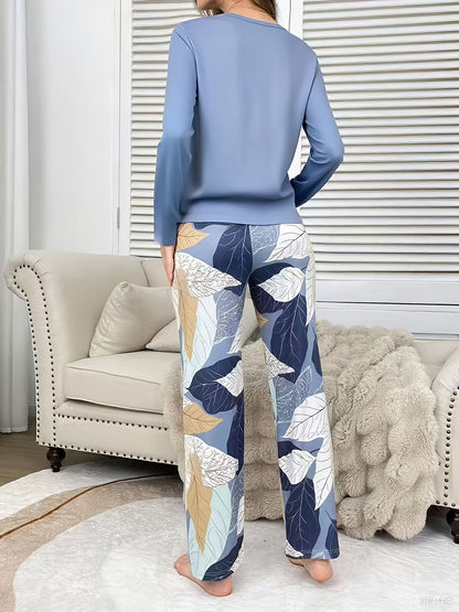 Autumn and Winter Women's Casual Versatile Elegant Letter Print Round Neck Long Sleeve Top and Pants Floral Printed Pajama Set