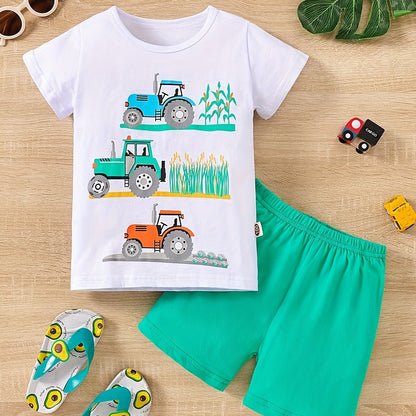 Boy's Tractors Print Casual Outfit Round Neck T-shirt & Shorts, Kids Summer Clothes Set For Daily And Outdoor Wear