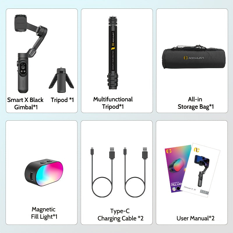Smart X Complete Combo1 Three-Axis Stabilizer Compatible with Android&Phone 12 13 14 15 16 Pro Max Comes with Portable Carrying Bag Retractable Tripod RGB Fill Light AI Tracking 360 Degree Rotation Multi-Angle Shooting Gestur
