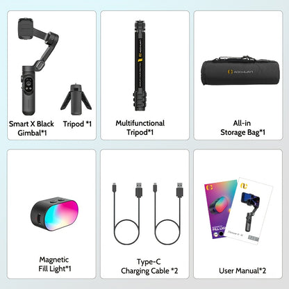 Smart X Complete Combo1 Three-Axis Stabilizer Compatible with Android&Phone 12 13 14 15 16 Pro Max Comes with Portable Carrying Bag Retractable Tripod RGB Fill Light AI Tracking 360 Degree Rotation Multi-Angle Shooting Gestur