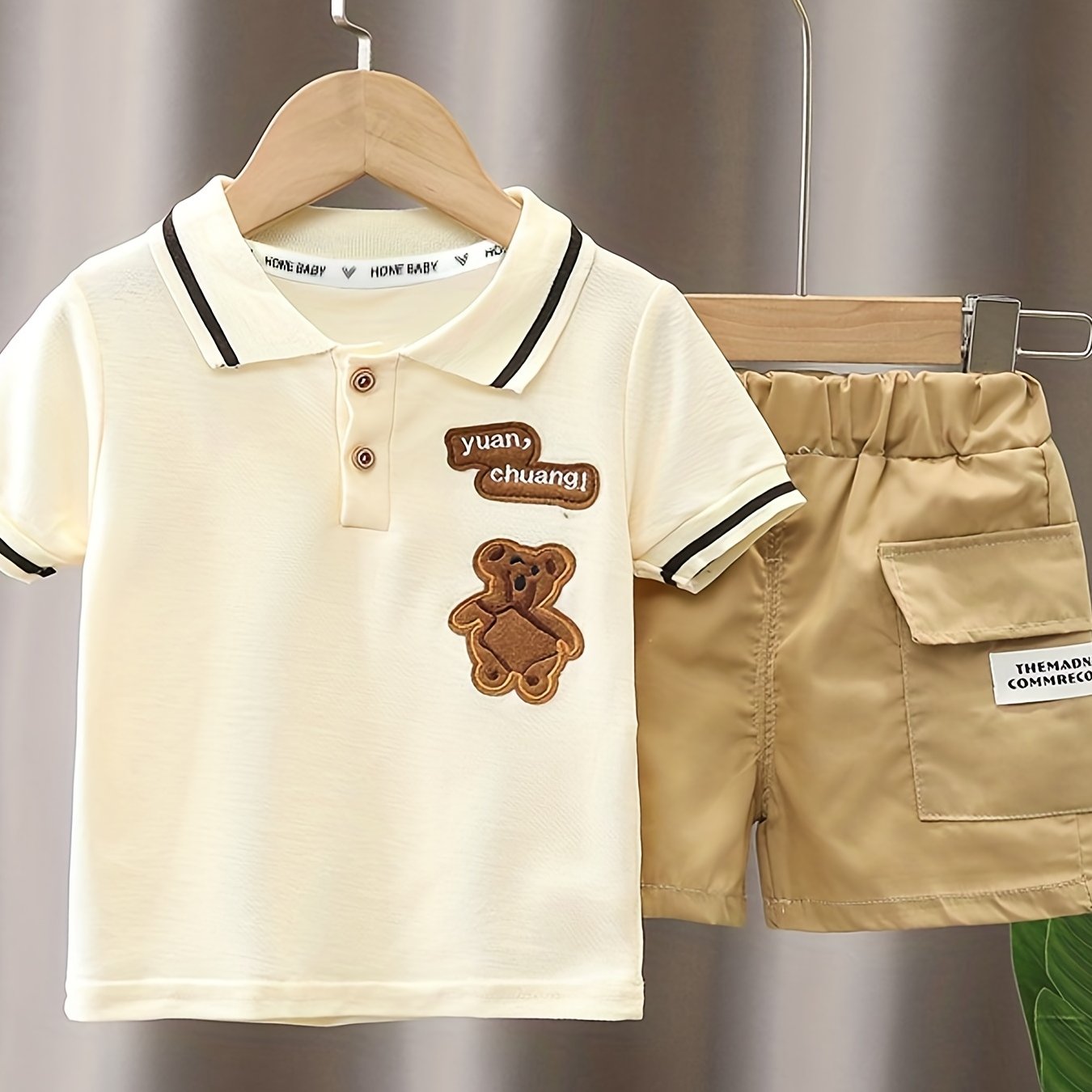 Little Boys Casual Suit - Cute Bear & Letter Embroidered Shirt Top + Shorts