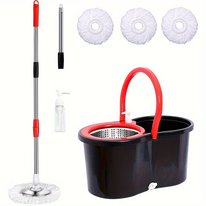 360-degree Rotating Mop and Bucket, 154.94cm Stainless Steel Mop Handle with Adjustable Length, Comes with 3 Ultrafine Fiber Replacement Mop Heads, Very Suitable for Cleaning on Boats, Floor Cleaning, Ceiling Cleaning