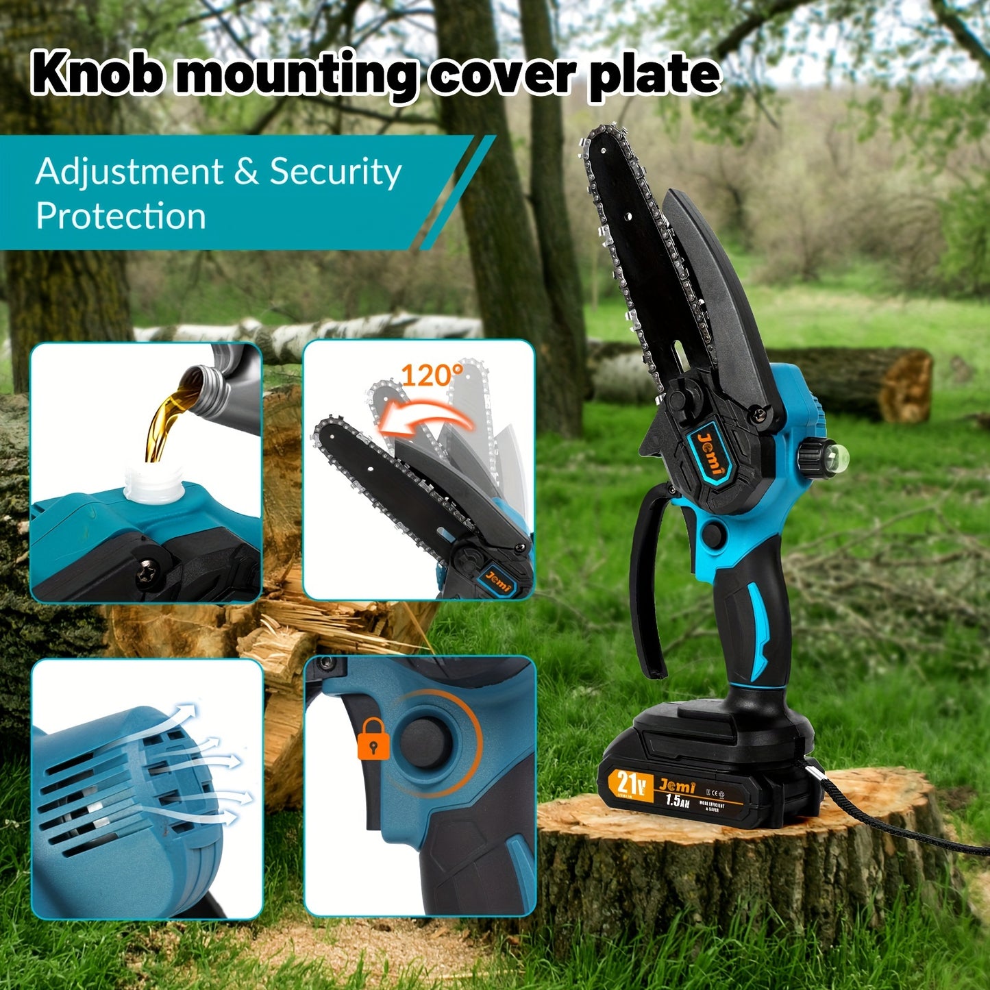 Mini motosserra sem fios Jemi Tool de 15,24 cm com bateria de 1/2×21 V, potente motosserra elétrica portátil com lubrificação automática, leve (1,0 kg), fácil de utilizar para podar, cortar e aparar.
