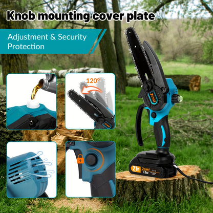 Mini motosserra sem fios Jemi Tool de 15,24 cm com bateria de 1/2×21 V, potente motosserra elétrica portátil com lubrificação automática, leve (1,0 kg), fácil de utilizar para podar, cortar e aparar.