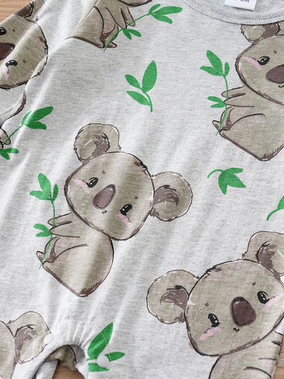 Macacão de manga comprida com gola redonda para bebé com estampado fofo de coala de desenho animado