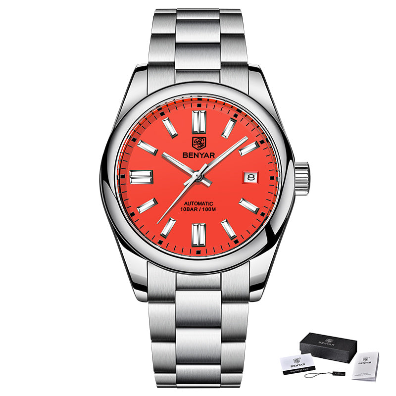1pc BENYAR Men's Mechanical Wristwatch, 10Bar Waterproof Automatic Watch, Stainless Steel Sports Diving Watch For Men, Ideal choice for Gifts