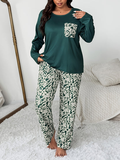 Plus Size Pocket Round Neck Long Sleeve Top and Geometric Floral Print Pants 2pcs Comfortable Casual Pajama Set