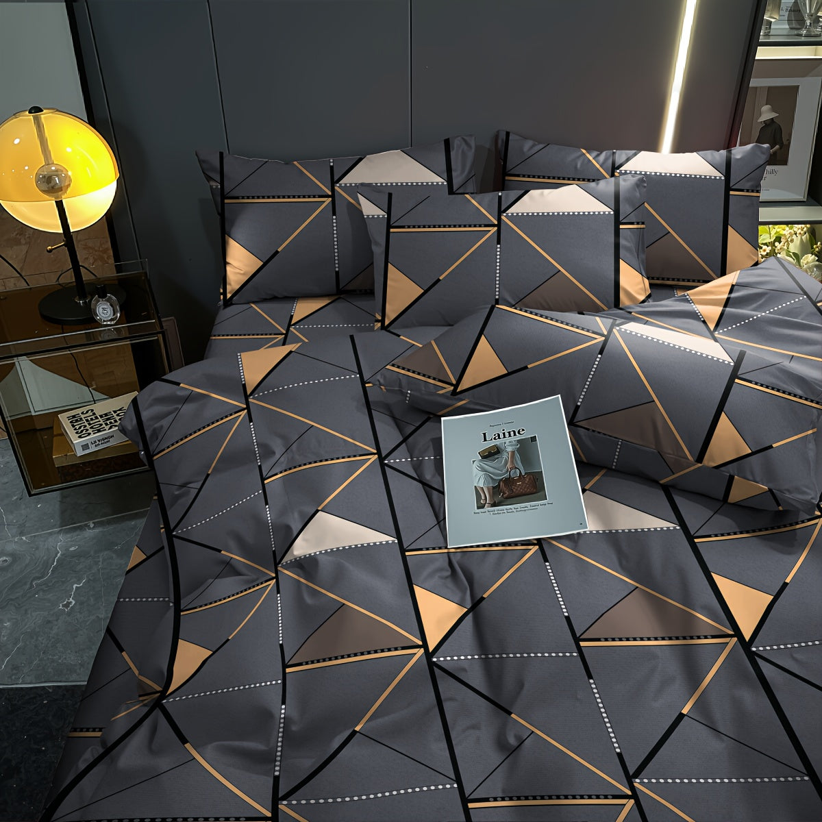 Conjunto de 3 peças, capa de edredão com estampado de triângulos dourados, macia, confortável e respirável, ideal para quarto, quarto de hóspedes ou dormitório de estudantes. Inclui 1 capa de edredão e 2 fronhas.