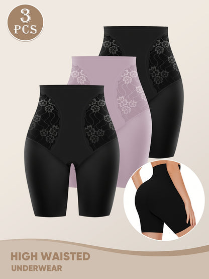 3pcs Women's Tummy Control High Fashion Underwear, Boxer Briefs, Breathable Lace Mesh Safety Pants for Summer and Leg Shaping, Seamless Tummy Underwear, High Waist Panties, Plus Size Women's Panties, High Wa