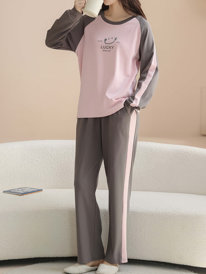 Women'S Cozy Long Sleeve Pajama Set - Soft Pink & Gray, "Lucky Day" Design, Casual Crew Neck, Long Length, Perfect for Fall/Winter, Comfortable Home Wear, Cozy Clothing | Playful Design | Soft Fabric, Ladie Long Sleeve Nightd