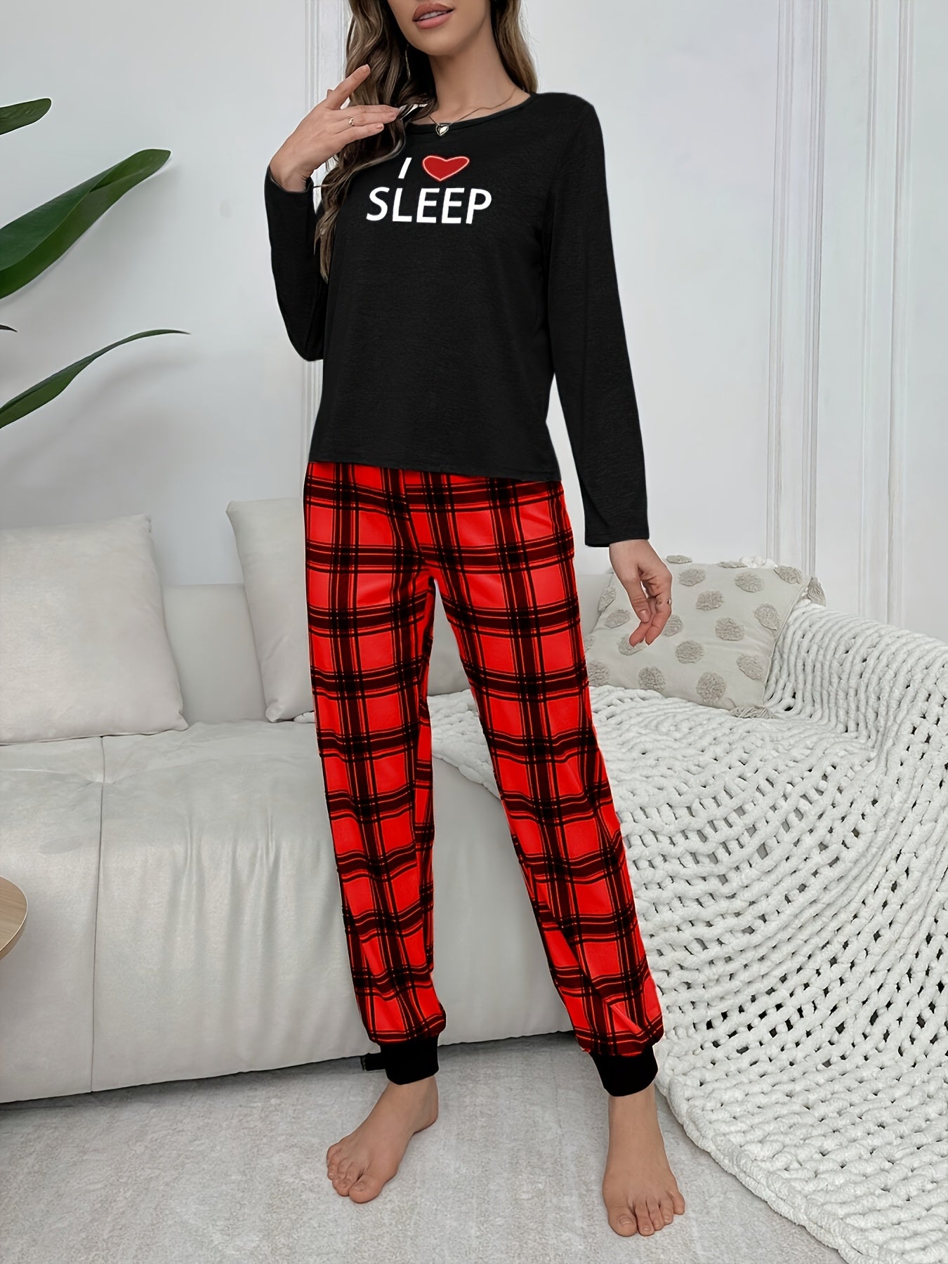 Autumn and Winter Women's Pajama Set with Long Sleeves, Pants, Cute Cartoon Heart Letter Print Plaid Lounge Wear