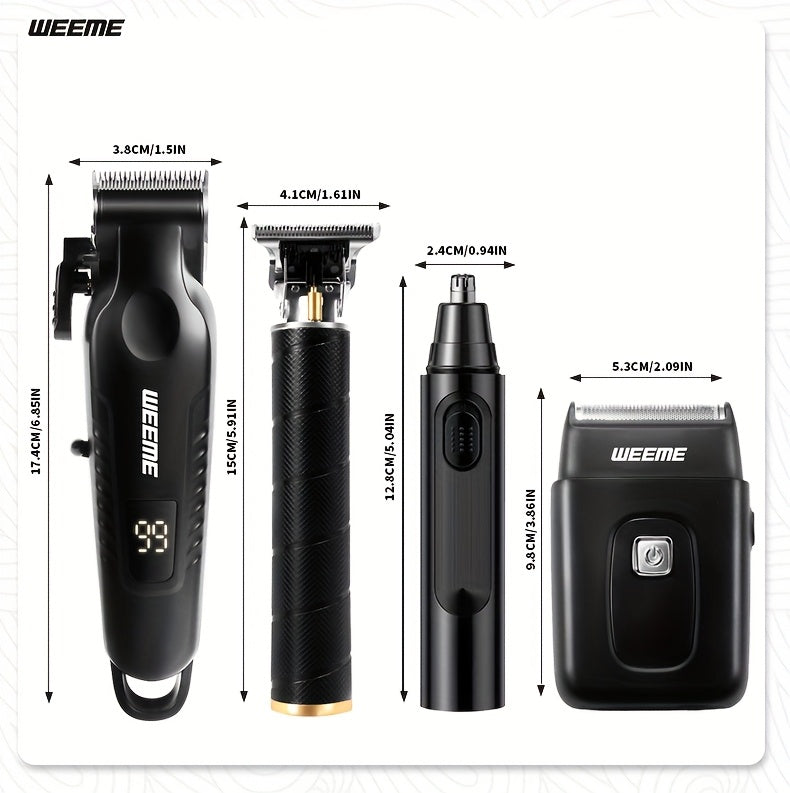 WEEME 4pcs for Man's Grooming Kit Electric Hair Clipper + Beard Trimmer + Shaver + Nose Hair Trimmer, USB Rechargeable with LCD Display | Perfect Gift for Dad, Husband, Boyfriend (Father's Day/Birthday)
