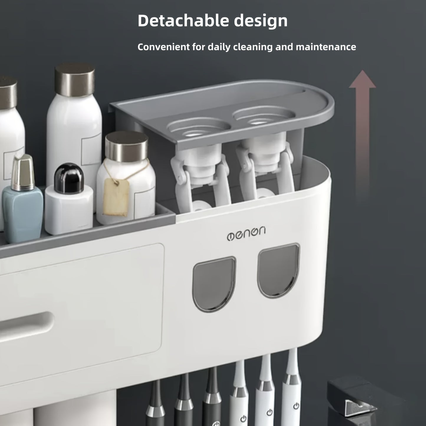 No Drill Adhesive Wall-Mounted Modern White Bathroom Organizer Set with 2-in-1 Magnetic Toothpaste Dispenser & Multi-Tier Storage Shelf - Space-Saving Over Sink Organizer with Suction Cup Hooks, Durable Plastic Construction f