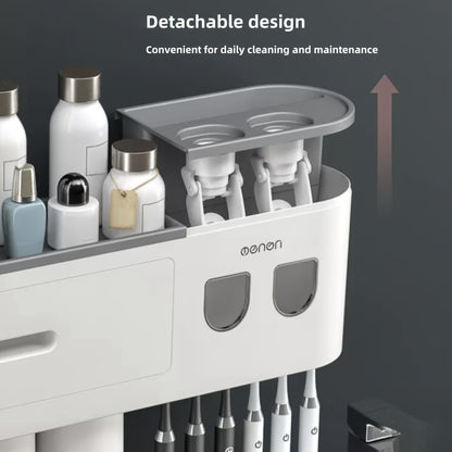 No Drill Adhesive Wall-Mounted Modern White Bathroom Organizer Set with 2-in-1 Magnetic Toothpaste Dispenser & Multi-Tier Storage Shelf - Space-Saving Over Sink Organizer with Suction Cup Hooks, Durable Plastic Construction f