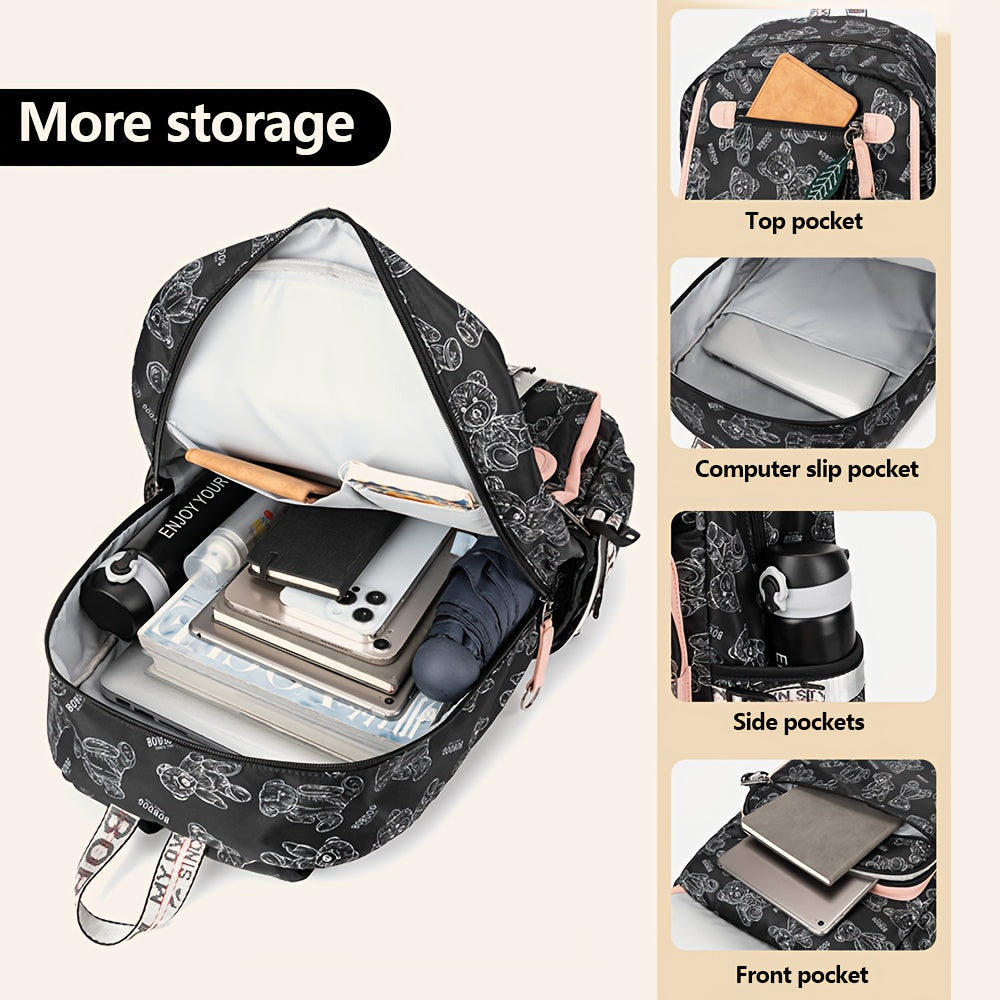 A set of youth vintage printed fashion backpacks, suitable for girls' campus commuting, travel backpack with a capacity of about 25 liters (height about 46cm), can hold a laptop, and the print position is random