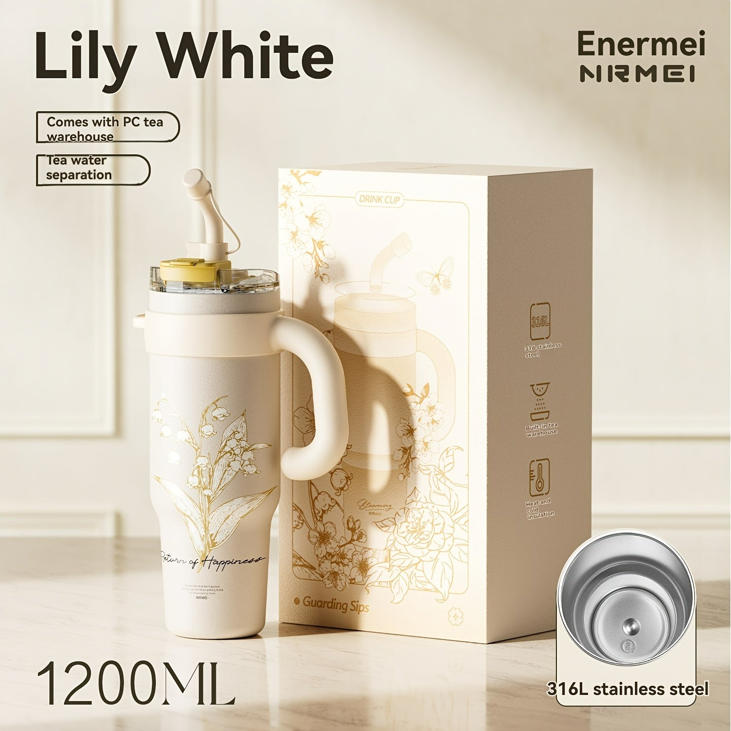 NRMEI 40oz Stainless Steel Water Bottle with Handle - Double Mouth - Leak-Proof - Suitable for Car Cup Holder