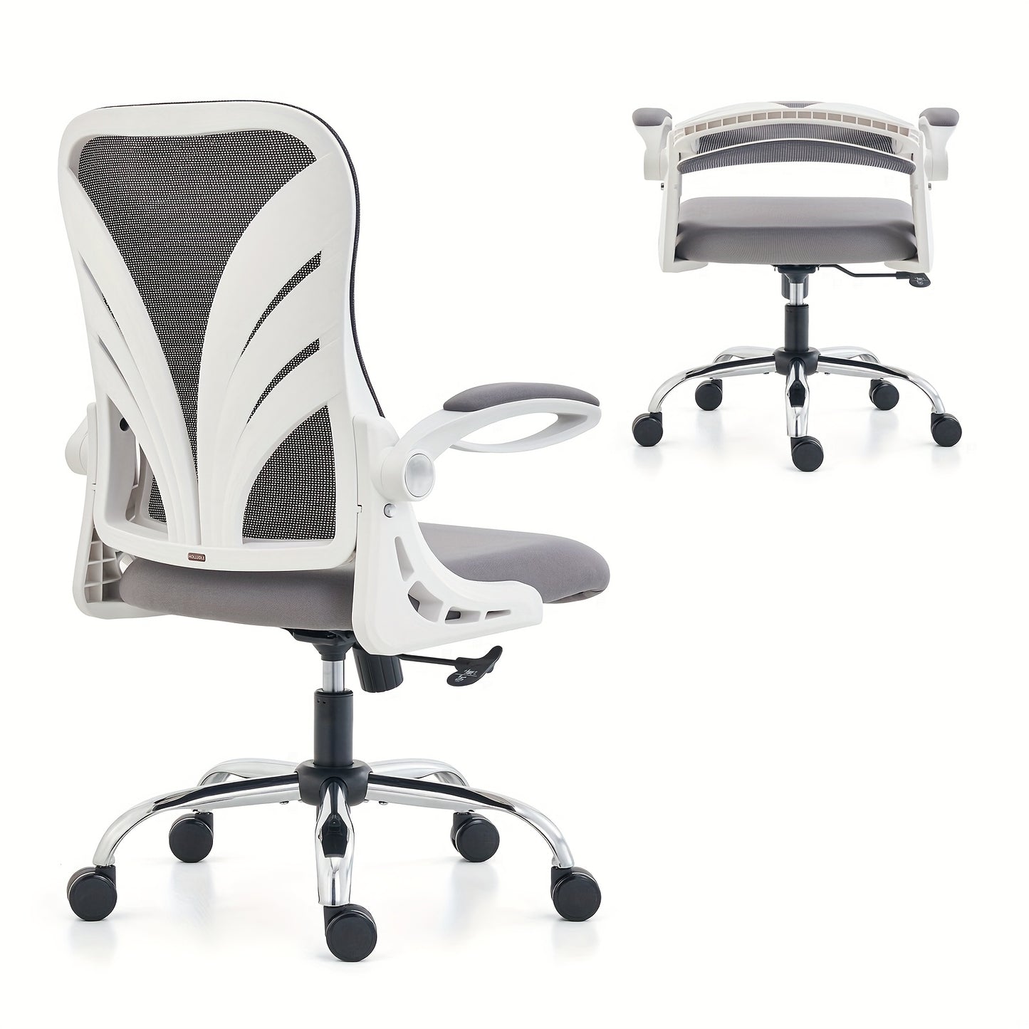 Ergonomic Office Chair with Foldable Space-Saving Design, Breathable Mesh Back &amp; Adjustable Lumbar Support, Flip-Up Armrests, Height-Adjustable - Heavy-Duty Plastic Frame, Foam Padding, White/Black Color Options - Ideal for H