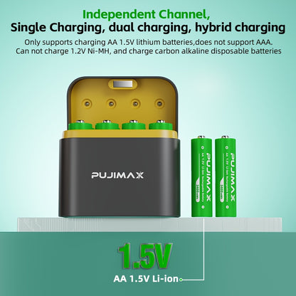 PUJIMAX rechargeable lithium battery 8 +8 slot charging box, 3400mWh high-performance 1.5V lithium battery, durable rechargeable AA lithium-ion battery and all-purpose charging box - yellow charging box. Only 1.5V rechargeabl
