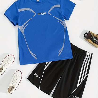 2pcs Boy's "Sport" Outfit Short Sleeves Round Neck T-shirt & Shorts Casual For Summer Daily And Outdoor Wear