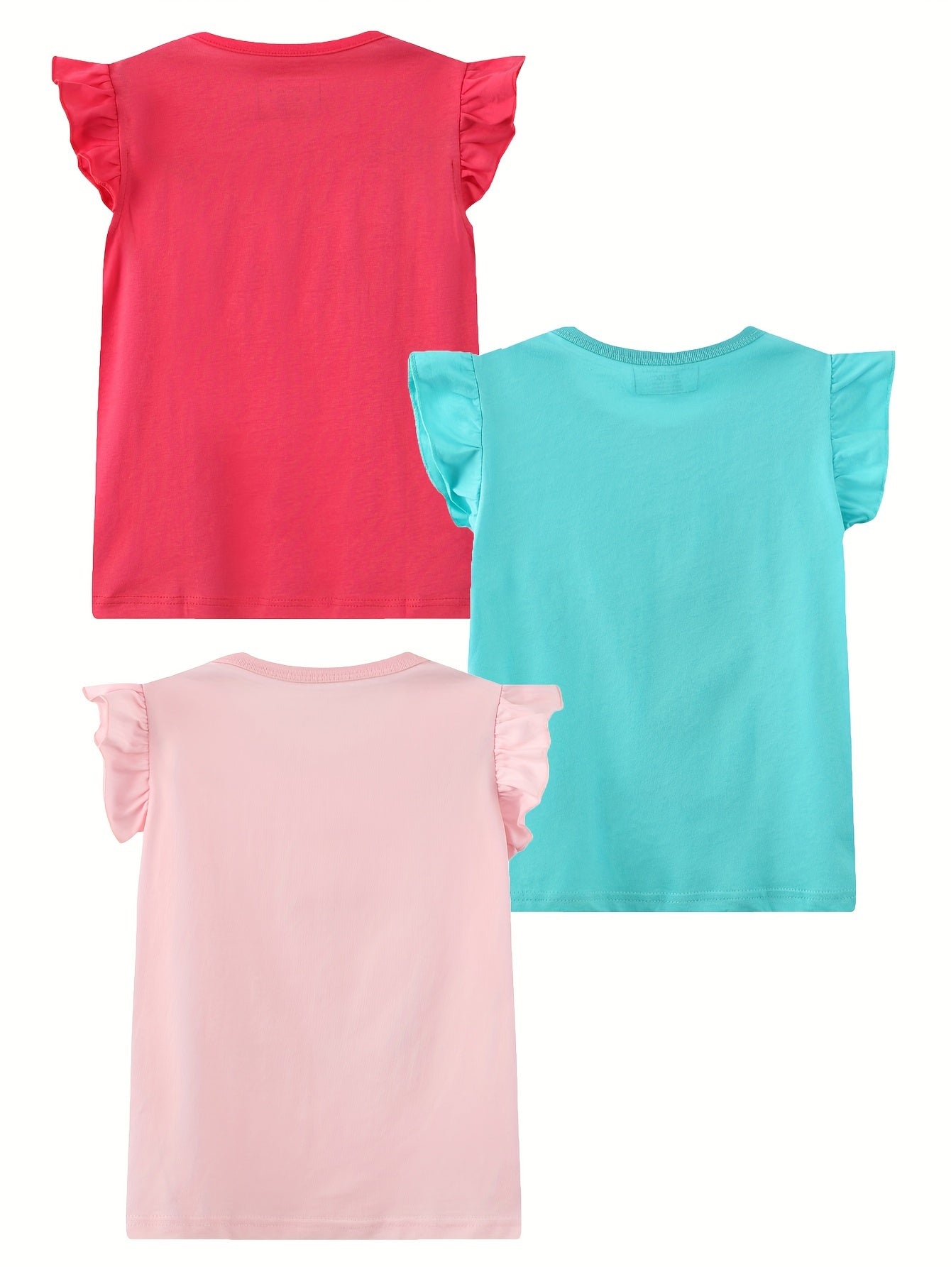 3pcs Comfy 100% Cotton Cartoon Animal Graphic Flutter Trim Sleeveless T-shirt Set Summer Clothes Gift For Girls