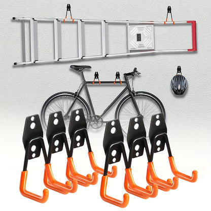 10pcs Heavy Duty Metal Garage Storage Hooks, Wall Mounted Utility Organizer for Ladders, Bikes, and Hose Management - Industrial Strength, Space Saving Design with Orange Clamps for Secure Hold