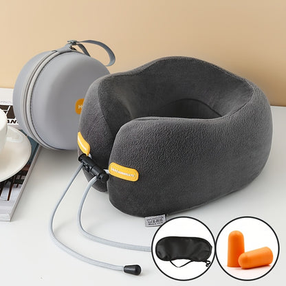 Polyurethane Foam Travel Neck Pillow - Ergonomic U-Shaped Contour Design with Adjustable Strap & 3 Fluffy Earplugs, Medium-Soft Grey Flannel Cover for Airplane, Car, Office & Home Use, Neck Pillow for Travel for Plane, Car Sl