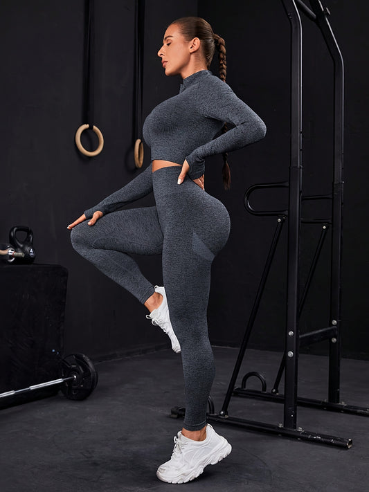 Seamless Thumbhole Top Stitching Zipper Sports Set, Solid Color, High Stretch, Regular Fit, with Zipper Detail, for Spring/Fall, for Women, for Fitness, for Workout, for Training, for Running, for Gym, for Yoga, for