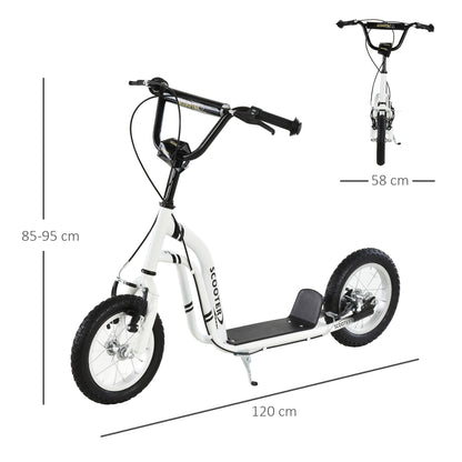 HOMCOM Scooter for Children Over 5 Years Old 2 Inflatable Rubber Wheels with Adjustable Handlebar Brakes Anti-Slip Pedal 120X58X85-95 Cm White