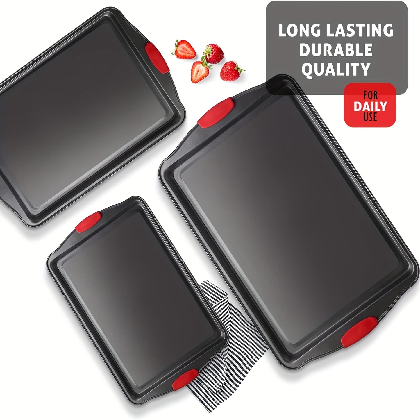 Non-stick Pan Baking Tray, with Red Silicone Handle, Kitchen Baking Plate, Heat-resistant and Non-Sticking, Home Use Baking Tray, Cake, Oven Cookie Baking, Rectangular Cookie Tray, Easy to Clean, Suitable for Cookies, Cakes a