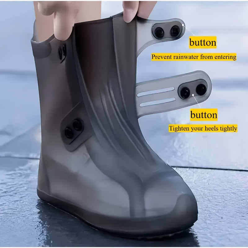 Waterproof Silicone Shoe Covers - Anti-Slip Reusable Foldable Boot Protectors with Double Button Design & Thick Sole for Rainy Snowy Weather, Unisex for Men & Women, Rain Shoe Cover, Rainy Day Essentials, Snow Protection Foot