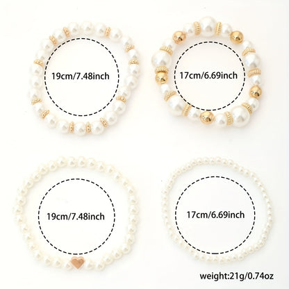 4pcs Set Real-Looking Faux Imitation Pearl Bracelet & Necklace-like Bead Set (No Coating) - White & Imitation Pearl with Golden-Tone Caps, Matching Large Beads - Wedding, Party, Daily Wear - Luxury Year-Round Collection for W