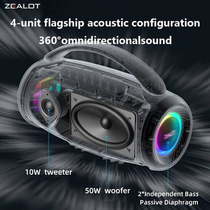 ZEALOT 60W Subwoofer Speaker, Wireless Speaker with Handle, 8000mAh Battery, Easy to Carry, RGB Lights, EQ Mode, TWS Pairing, Booming Bass. IPX5 High Quality, Great for Parties And Gatherings. for Home, Car, Camping-ZEALOT P1