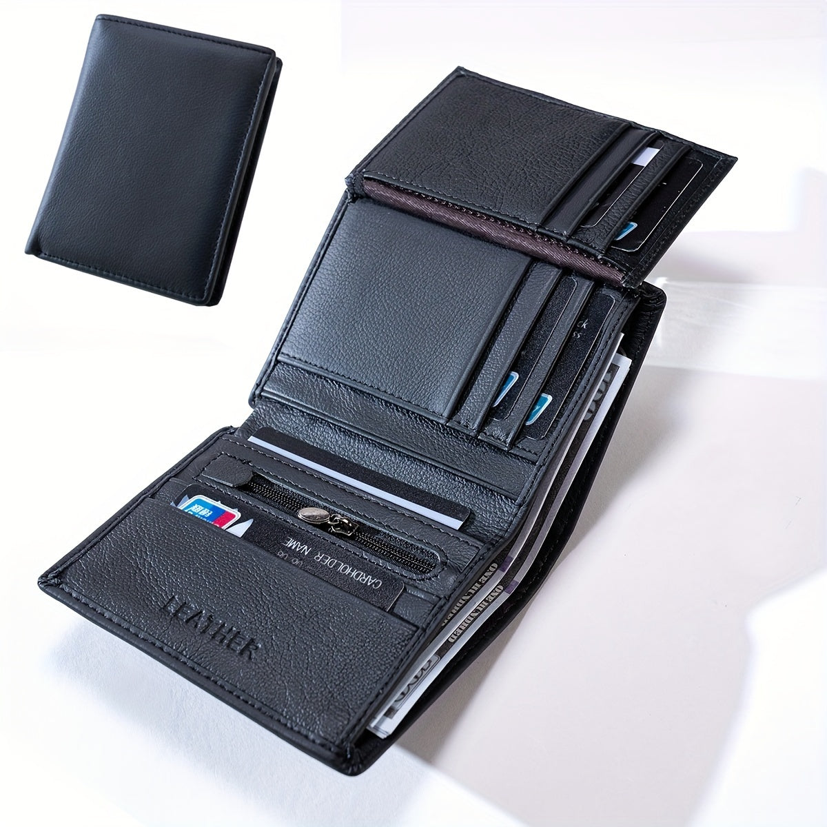 1pc Genuine Leather Wallet - Slim Vertical design, Compact Credit Card Holder & Coin Purse with ID Window, Elegant Minimalist Wallet for Men & Women, Everyday or Formal Use - Perfect Gift for Dad, Husband, Boyfriend (Christma