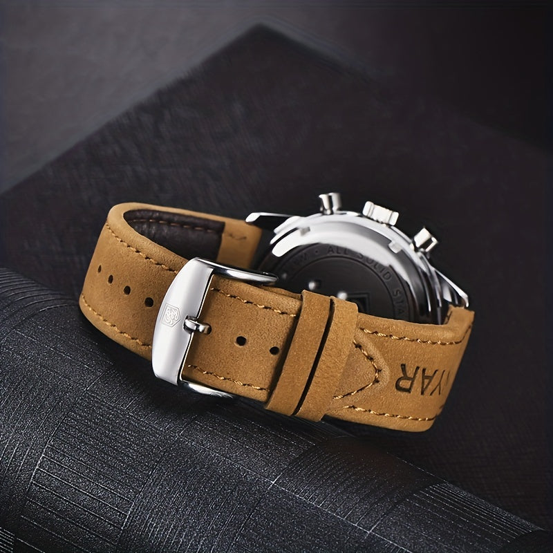 BENYAR Top Brand Men's Watches Sport For Men Multifunction Chronograph Black Fashion Quartz Wristwatches Calendar With Leather Strap