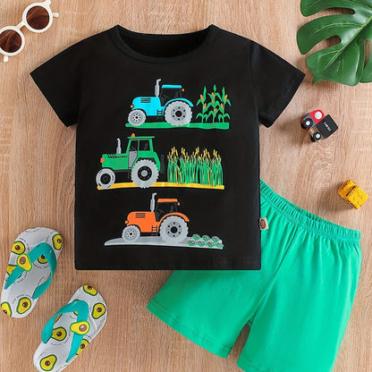 Boy's Tractors Print Casual Outfit Round Neck T-shirt & Shorts, Kids Summer Clothes Set For Daily And Outdoor Wear