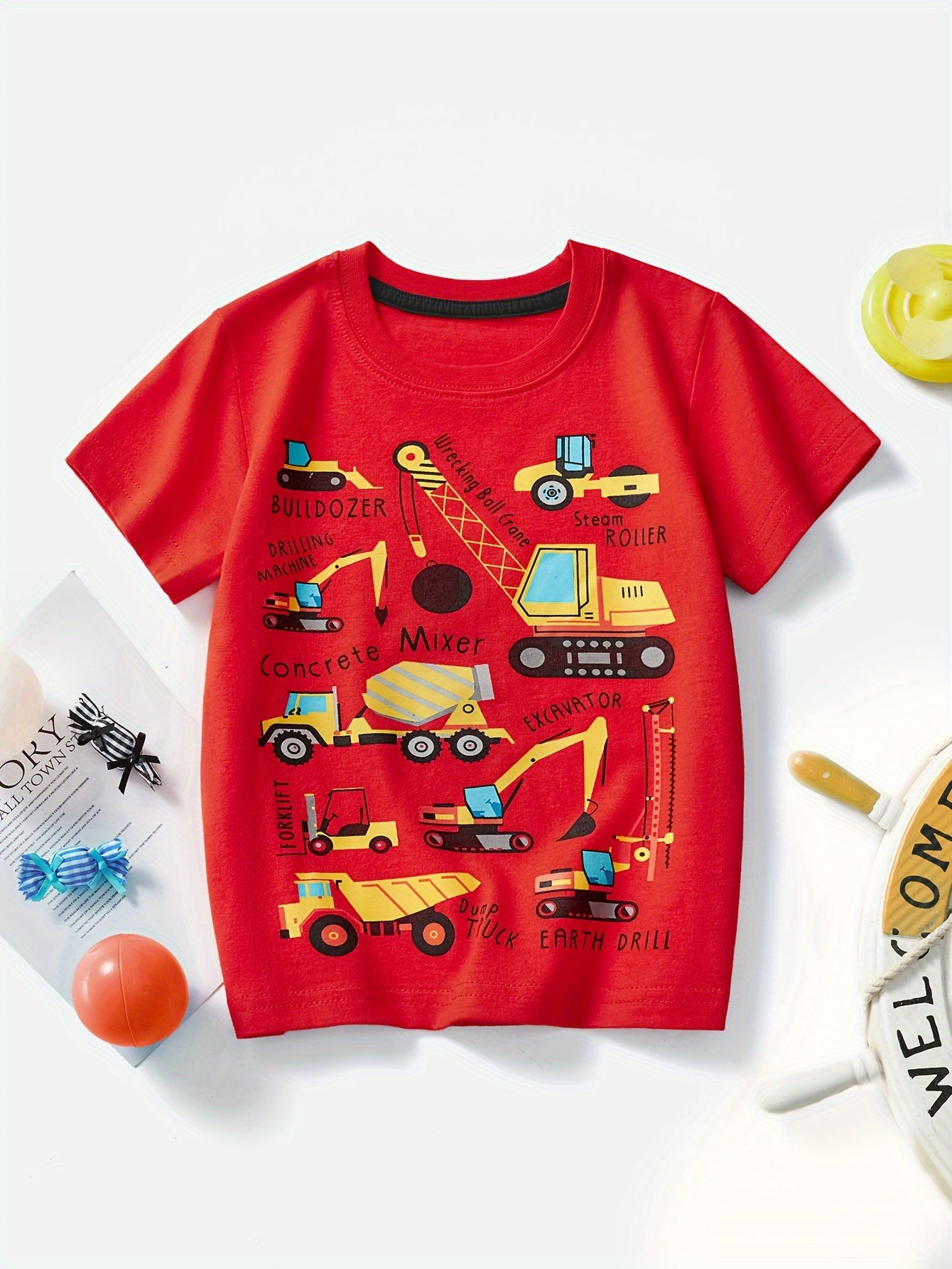 Boys' Cotton Short Sleeve T-Shirt with Cartoon Excavator Print, Breathable Summer Trend