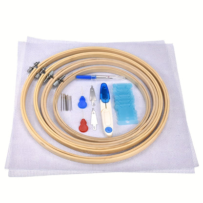1set Embroidery Kit, 50/100 Colors Threads, 5 Pcs Bamboo Embroidery Hoops And Cross Stitch Tools Set, Hand Embroidery Starter Kit For Beginners Adults