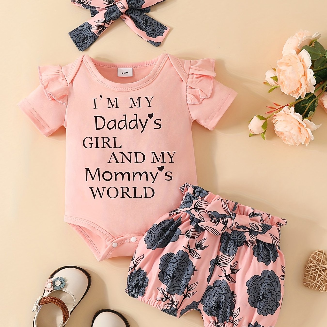3pcs Short Sleeve &amp; Shorts Set for Newborns - "I'm Daddy's Girl" Letter Print Pants and Headband, Mommy's World Alphabet Kids' Outfit, Perfect for Outdoor