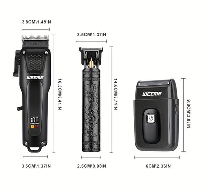 WEEME 3pcs Men's Grooming Kit - LCD Electric Clipper + Cordless Shaver + T-Blade Trimmer | USB-C Rechargeable w/Brushes & Care Accessories | Durable Hair/Facial Grooming Tools for Home & Travel